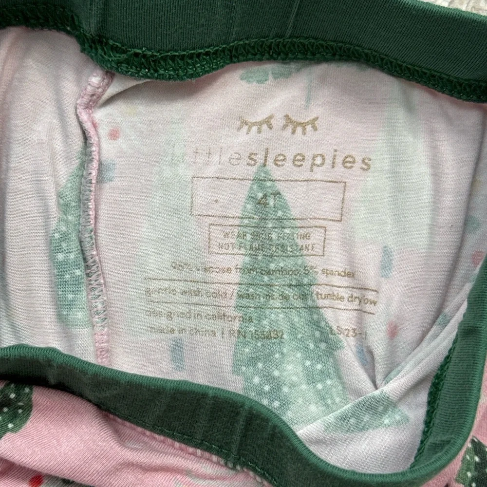 Little Sleepies pink green Christmas tree bamboo pajama pants girls 4T holiday